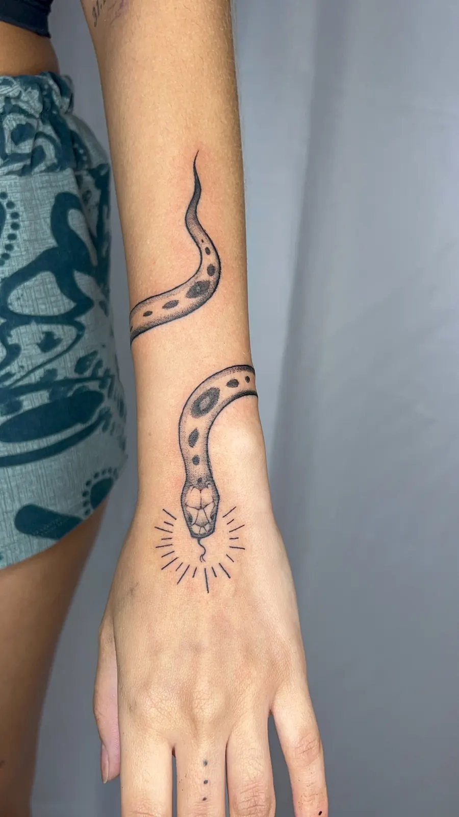 Tatuagem de cobra no braço com composição minimalista